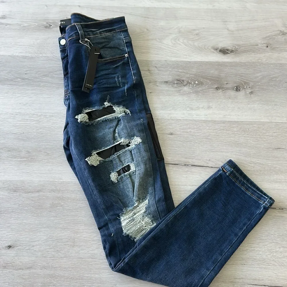 AMIRI Skinny-Fit Leather Appliquéd Distressed Jeans Blue/Black 32 NWT